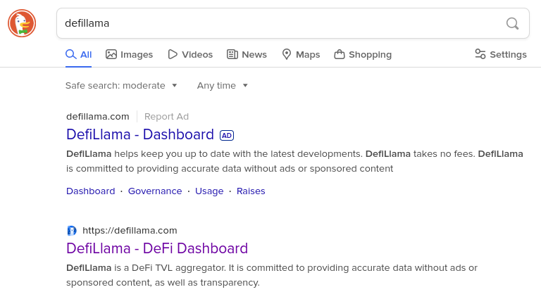Deceptive DeFiLlama Ad on DuckDuckGo