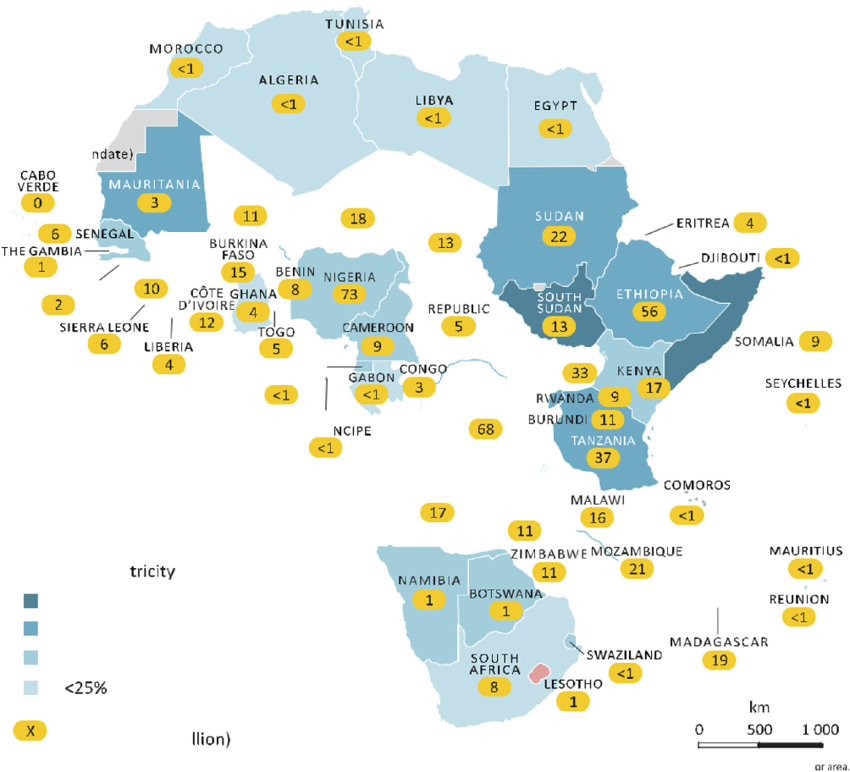 Afrikaanse landen naar percentage van de bevolking zonder toegang tot elektriciteit (2016). Bron: ResearchGate