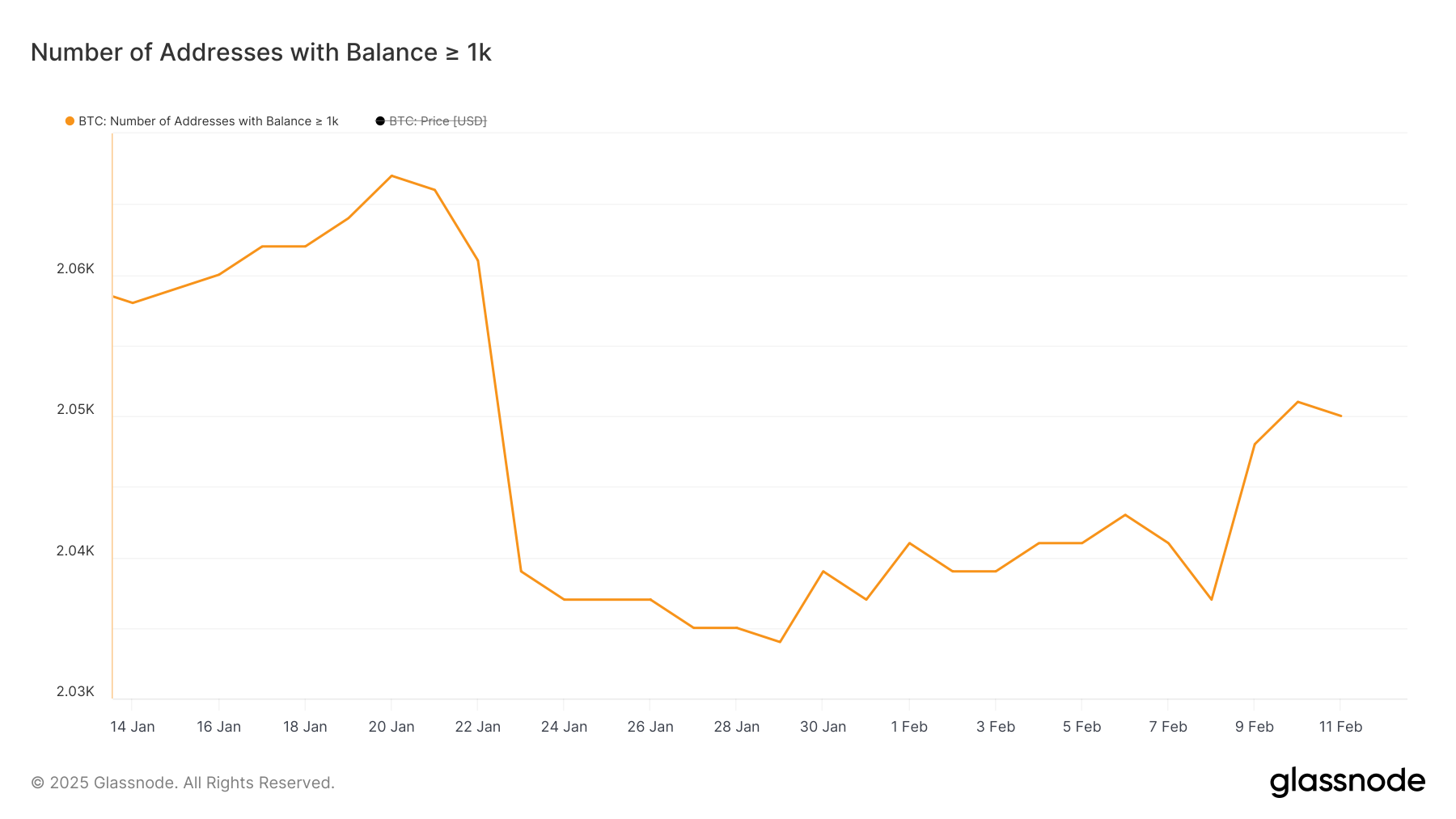 Aantal adressen met minstens 1.000 BTC.