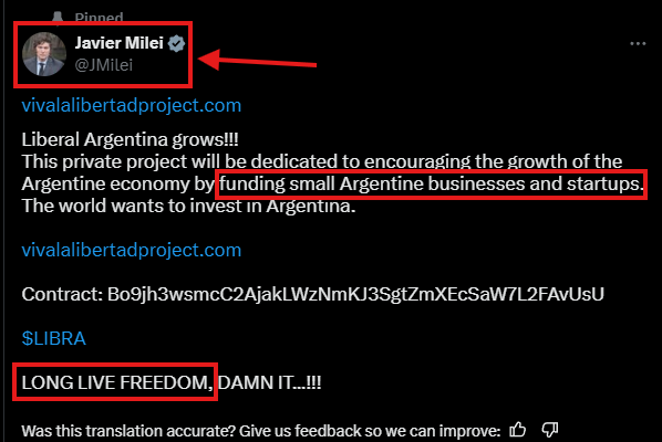 De verwijderde tweet van president Milei over de LIBRA meme coin