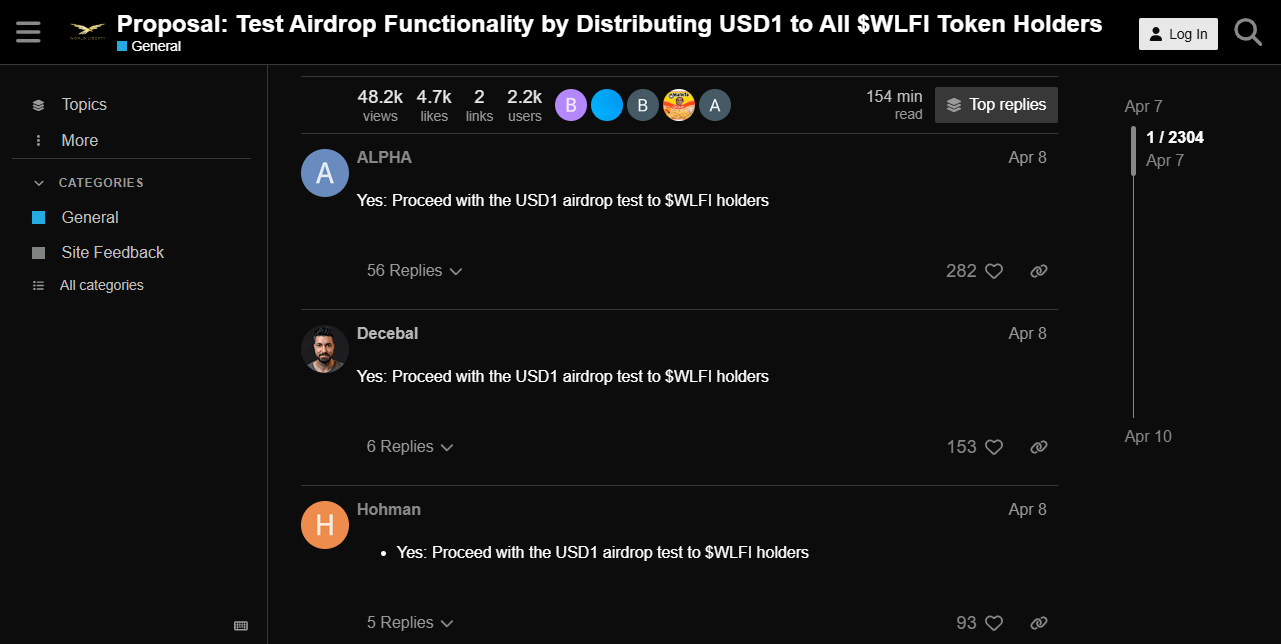 Community reacties op het USD1 airdrop-voorstel