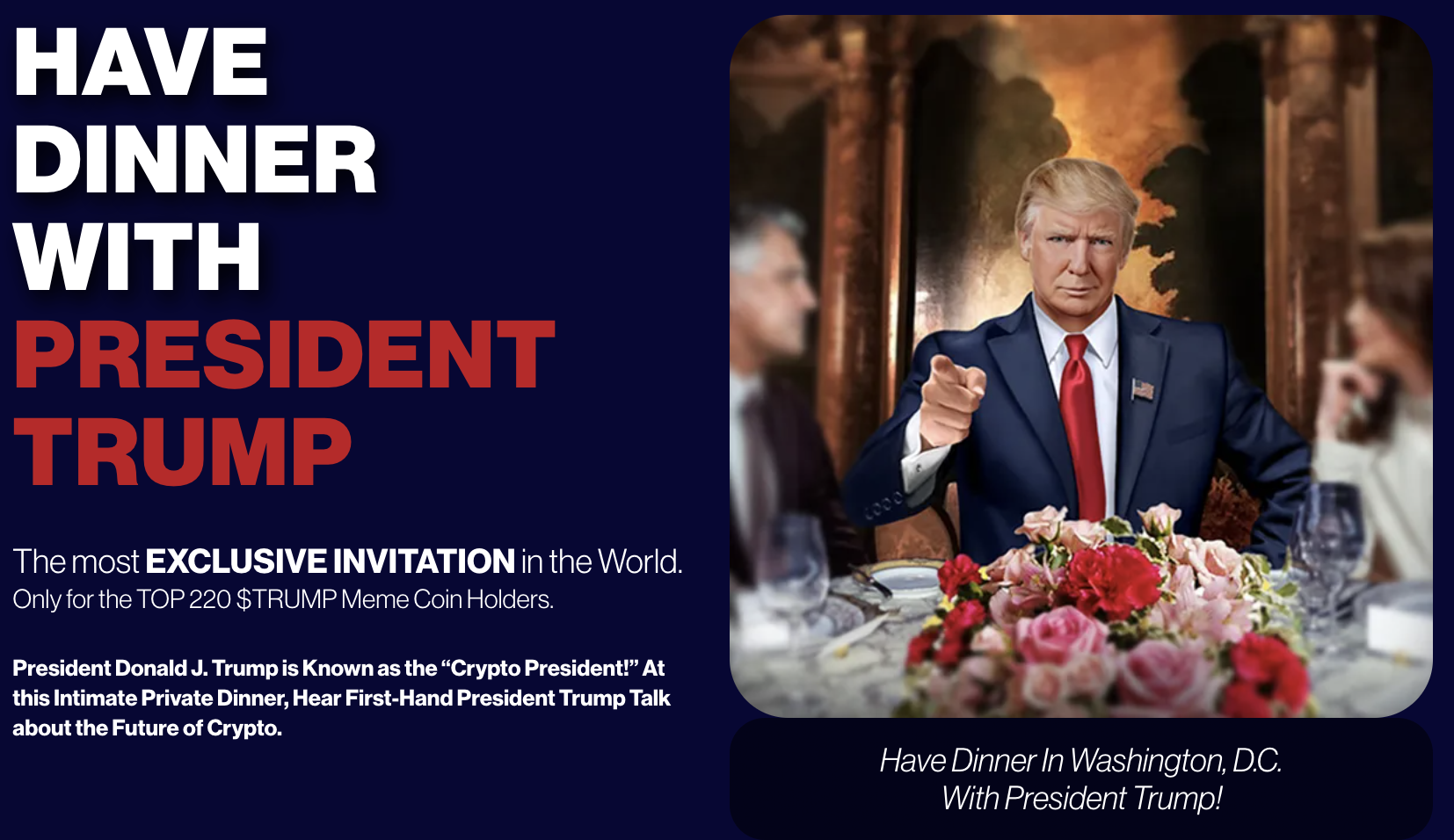 Trump biedt de top 220 tokenhouders een exclusief diner aan.