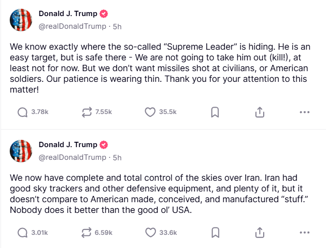 Waarschuwing van de Amerikaanse president Donald Trump over het conflict, van 17 juni 2025. Bron: Truth Social