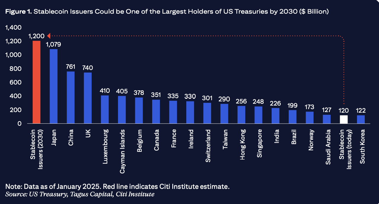 Stablecoin-uitgevers kunnen tegen 2030 een van de grootste houders van Amerikaanse staatsobligaties zijn. Bron: Citigroup.