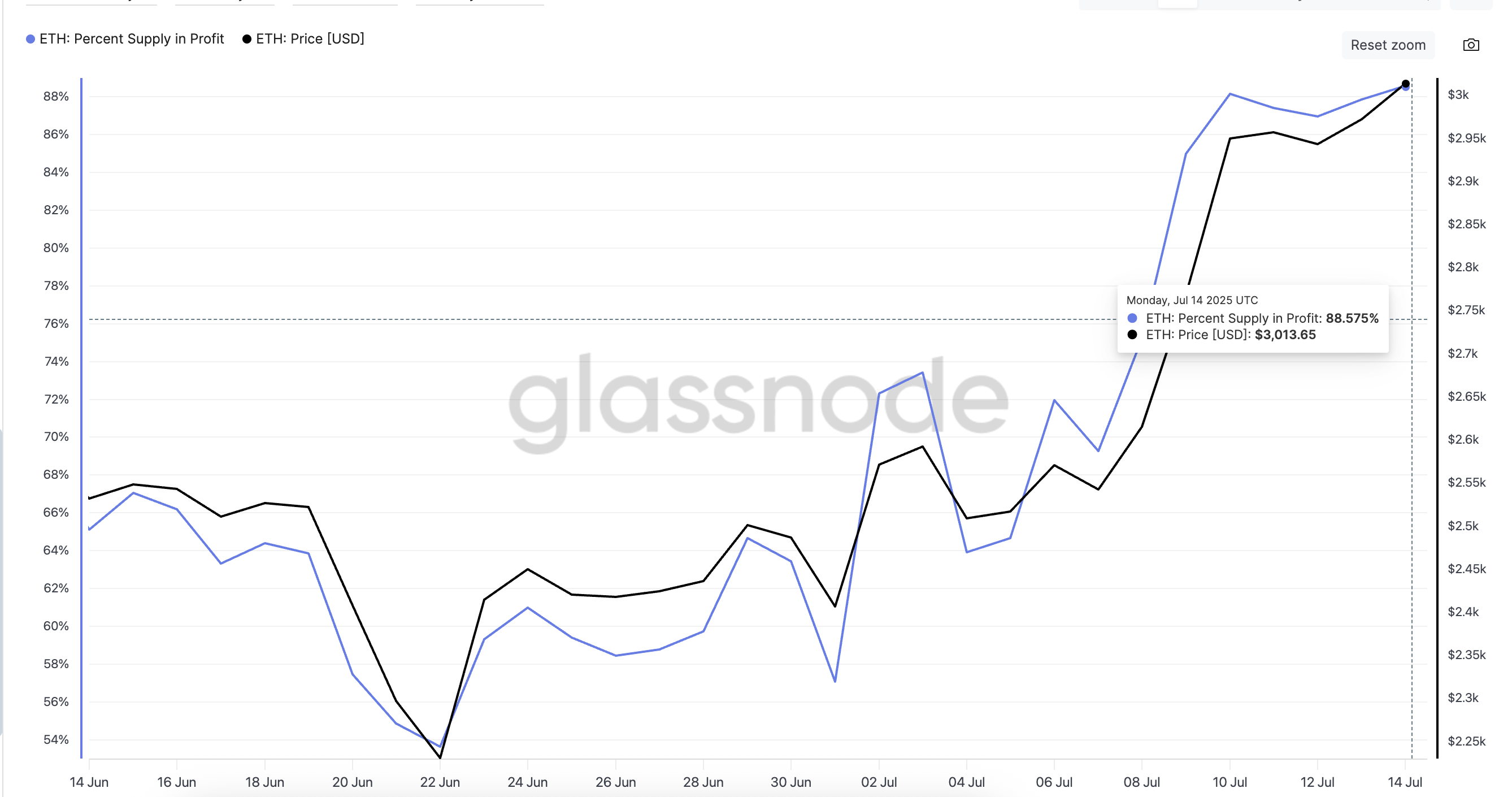 Ethereum koers en voorraad (in winst) percentage