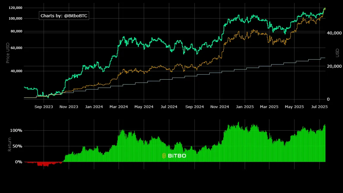 Maandelijkse DCA-prestaties met $1.000 in Bitcoin. Bron: Bitbo