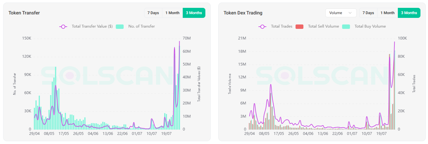 On-chain en DEX-activiteit van de VINE token. Bron: Solscan
