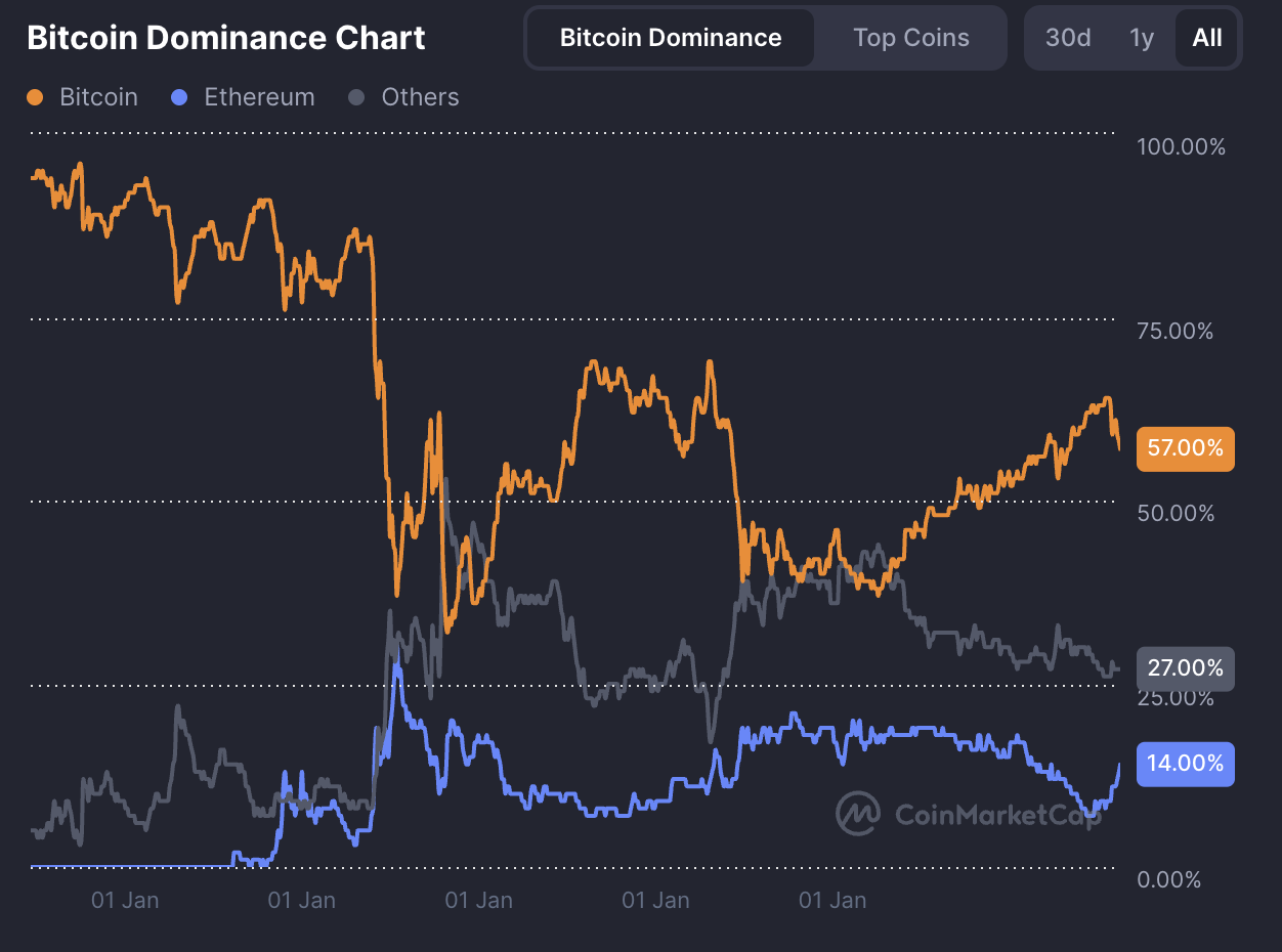 Bitcoin blijft de cryptomarkt domineren. Bron: CoinMarketCap.